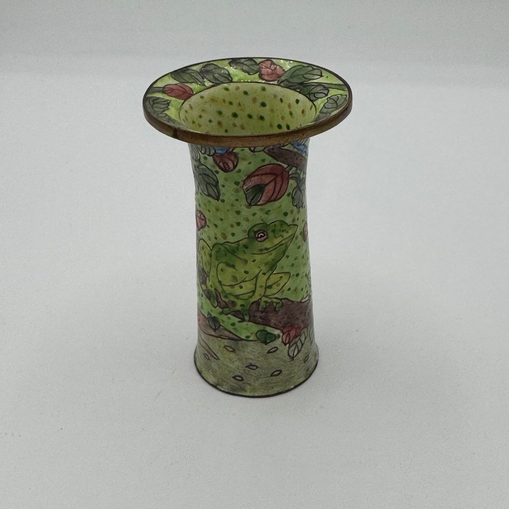 Empress Arts 1997 Miniature Cloisonne Enamel Frog Vase Green Floral Collectible
